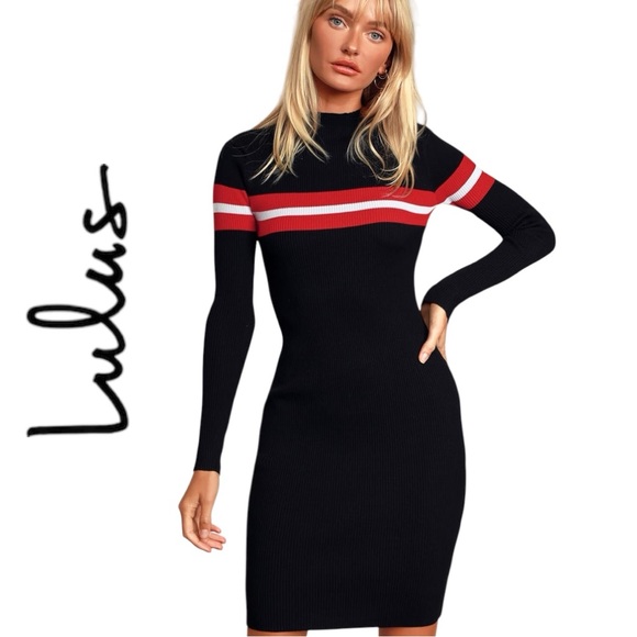 Lulus Blaire‎ Black Striped Ribbed Bodycon Sweater Dress - Size M - Picture 1 of 4